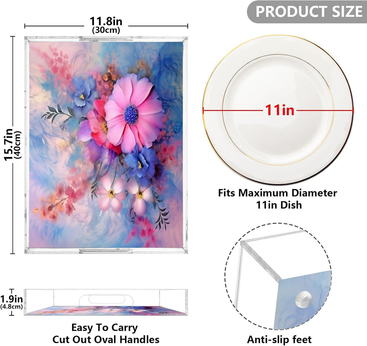 Pink Flower Acrylic Serving Tray with Handles 12 x 16 Inch, Sturdy Spill-Proof & Non-Slip Decorative Tray for Kitchen Countertop, Bathroom Vanity Organizer, Ottoman Coffee Table