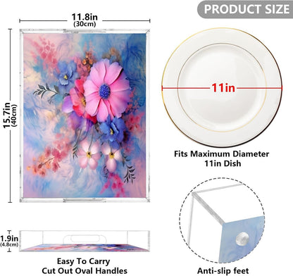 Pink Flower Acrylic Serving Tray with Handles 12 x 16 Inch, Sturdy Spill-Proof & Non-Slip Decorative Tray for Kitchen Countertop, Bathroom Vanity Organizer, Ottoman Coffee Table