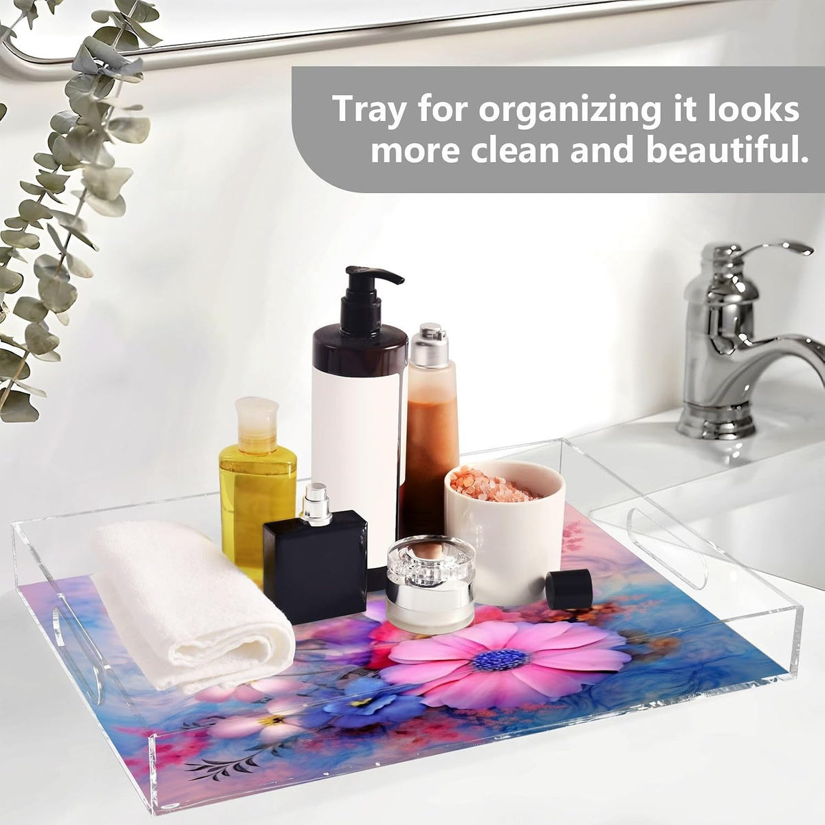 Pink Flower Acrylic Serving Tray with Handles 12 x 16 Inch, Sturdy Spill-Proof & Non-Slip Decorative Tray for Kitchen Countertop, Bathroom Vanity Organizer, Ottoman Coffee Table