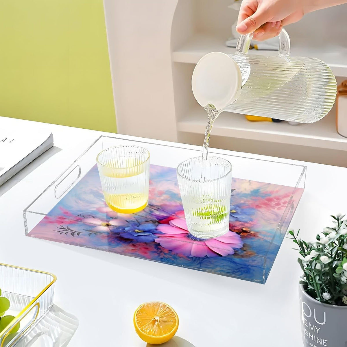 Pink Flower Acrylic Serving Tray with Handles 12 x 16 Inch, Sturdy Spill-Proof & Non-Slip Decorative Tray for Kitchen Countertop, Bathroom Vanity Organizer, Ottoman Coffee Table