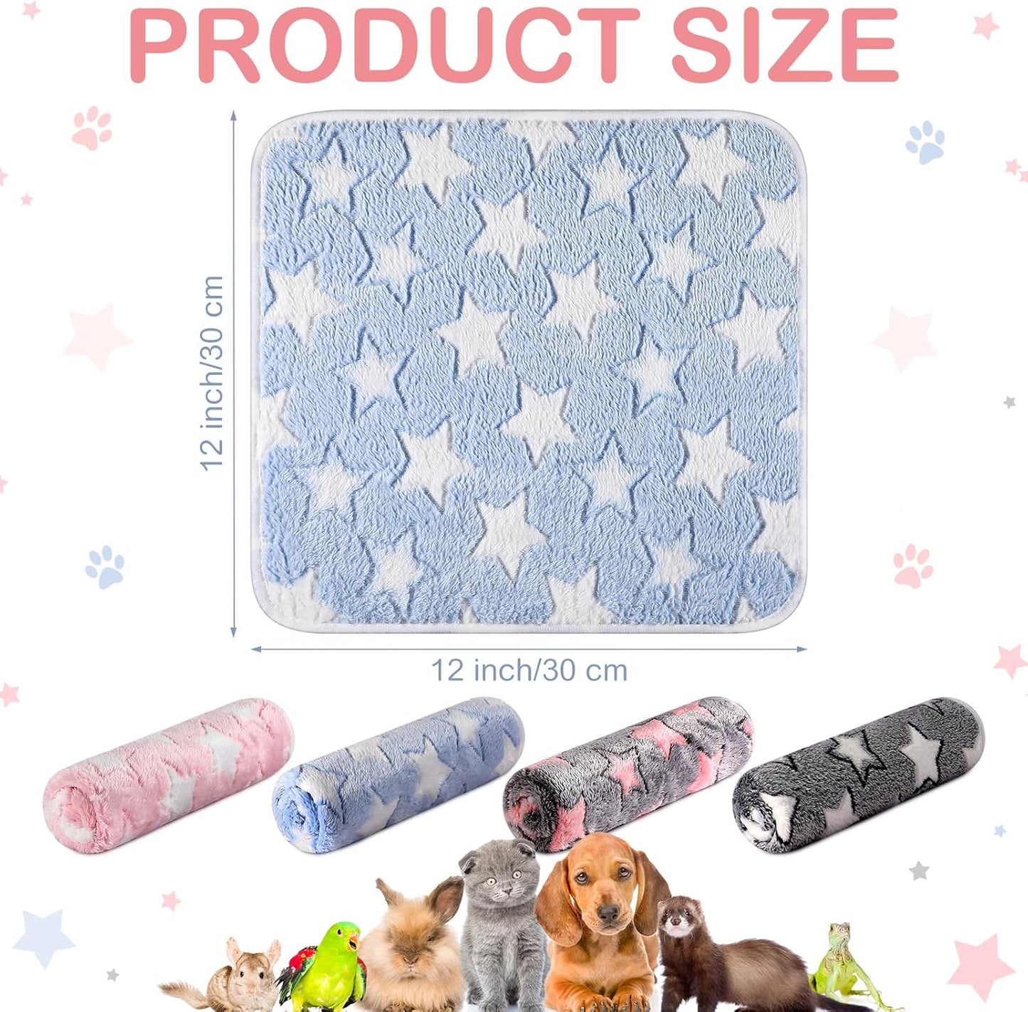 Tudomro 8 Pcs Absorbent Guinea Pig Blankets Washable Small Animal Fleece Bedding Cage Liners Reusable Pet Sleep Mat Pad Cover for Ferret Chinchilla Furniture Protection(Big Star,12 x 12 Inch)