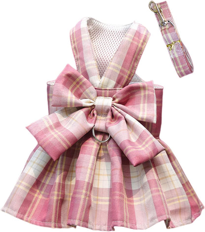 Pet Cat Dog Harness, Cute Checkered Bowknot Mesh Breathable Vest for Small Dogs Cats Costume Torso Harness Stylish Ribbon Walking Harness & Leash Set (Pink, M)