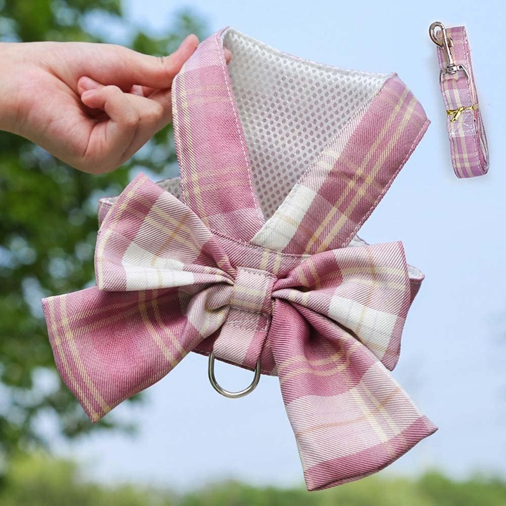 Pet Cat Dog Harness, Cute Checkered Bowknot Mesh Breathable Vest for Small Dogs Cats Costume Torso Harness Stylish Ribbon Walking Harness & Leash Set (Pink, M)