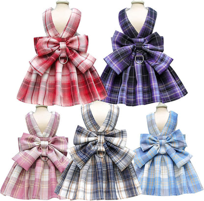 Pet Cat Dog Harness, Cute Checkered Bowknot Mesh Breathable Vest for Small Dogs Cats Costume Torso Harness Stylish Ribbon Walking Harness & Leash Set (Pink, M)
