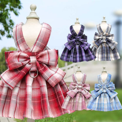 Pet Cat Dog Harness, Cute Checkered Bowknot Mesh Breathable Vest for Small Dogs Cats Costume Torso Harness Stylish Ribbon Walking Harness & Leash Set (Pink, M)