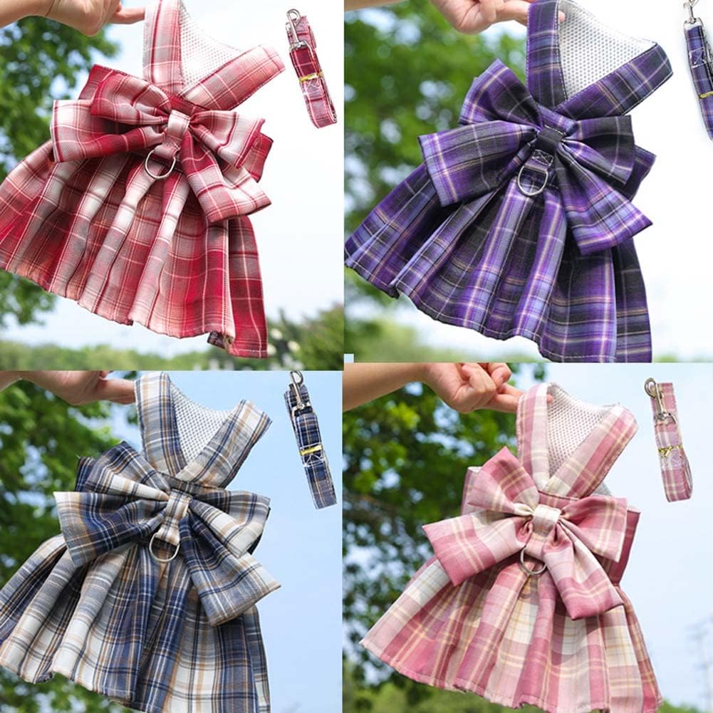 Pet Cat Dog Harness, Cute Checkered Bowknot Mesh Breathable Vest for Small Dogs Cats Costume Torso Harness Stylish Ribbon Walking Harness & Leash Set (Pink, M)