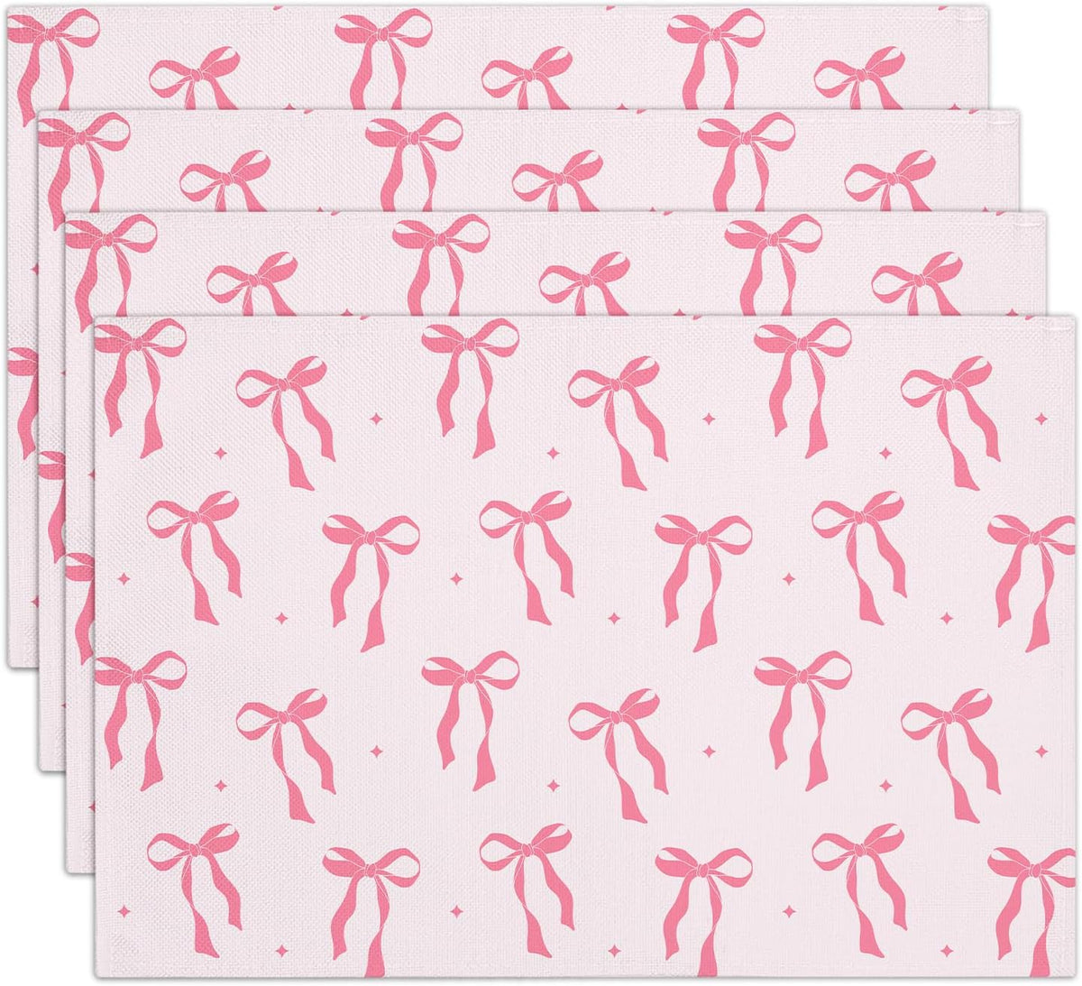 Pink Bow Cotton Linen Placemats Set of 4, 12x18 Table Mat for Family Dinners Wedding Parties Restaurant Kitchen Decoration, Waterproof Washable Heat Resistant Place Mats -a11