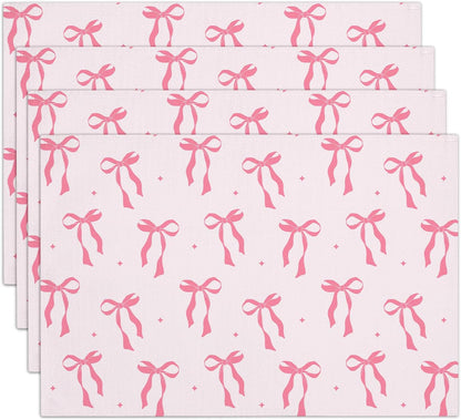 Pink Bow Cotton Linen Placemats Set of 4, 12x18 Table Mat for Family Dinners Wedding Parties Restaurant Kitchen Decoration, Waterproof Washable Heat Resistant Place Mats -a11