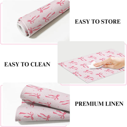 Pink Bow Cotton Linen Placemats Set of 4, 12x18 Table Mat for Family Dinners Wedding Parties Restaurant Kitchen Decoration, Waterproof Washable Heat Resistant Place Mats -a11