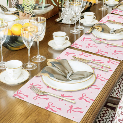 Pink Bow Cotton Linen Placemats Set of 4, 12x18 Table Mat for Family Dinners Wedding Parties Restaurant Kitchen Decoration, Waterproof Washable Heat Resistant Place Mats -a11