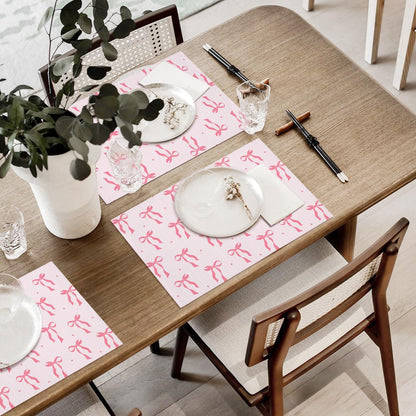 Pink Bow Cotton Linen Placemats Set of 4, 12x18 Table Mat for Family Dinners Wedding Parties Restaurant Kitchen Decoration, Waterproof Washable Heat Resistant Place Mats -a11