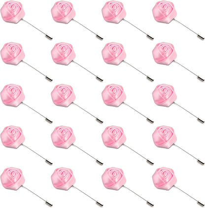 20Pcs Rose Boutonniere Lapel Pin for Men Pink Flower Lapel Pin for Men Suits Handmade Rose Corsage Satin Flower Outfit Accessories Groom Groomsman Wedding Brooch Rose Lapel Pin for Husband Brother