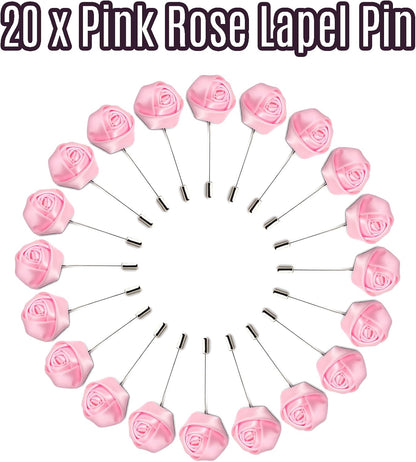20Pcs Rose Boutonniere Lapel Pin for Men Pink Flower Lapel Pin for Men Suits Handmade Rose Corsage Satin Flower Outfit Accessories Groom Groomsman Wedding Brooch Rose Lapel Pin for Husband Brother
