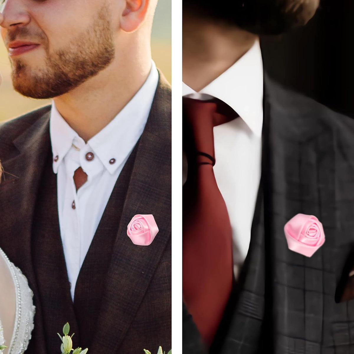 20Pcs Rose Boutonniere Lapel Pin for Men Pink Flower Lapel Pin for Men Suits Handmade Rose Corsage Satin Flower Outfit Accessories Groom Groomsman Wedding Brooch Rose Lapel Pin for Husband Brother