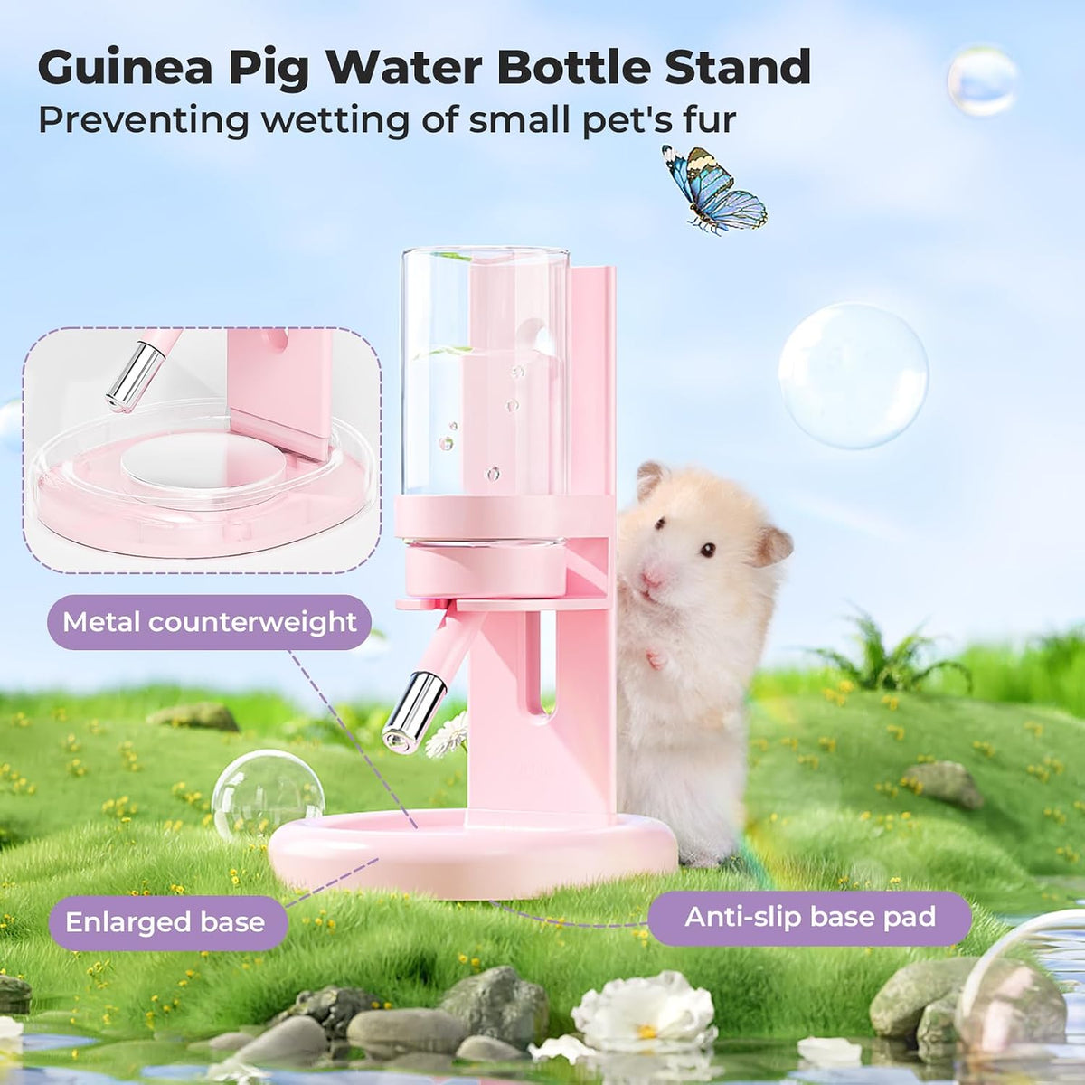 Guinea Pig Water Bottle No Drip – 4 oz Hamster Water Bottle for Glass Tank with Adjustable Stand, Leak Proof Small Animal Water Dispenser for Cage for Gerbil Chinchilla Ferret Squirrel Hedgehog