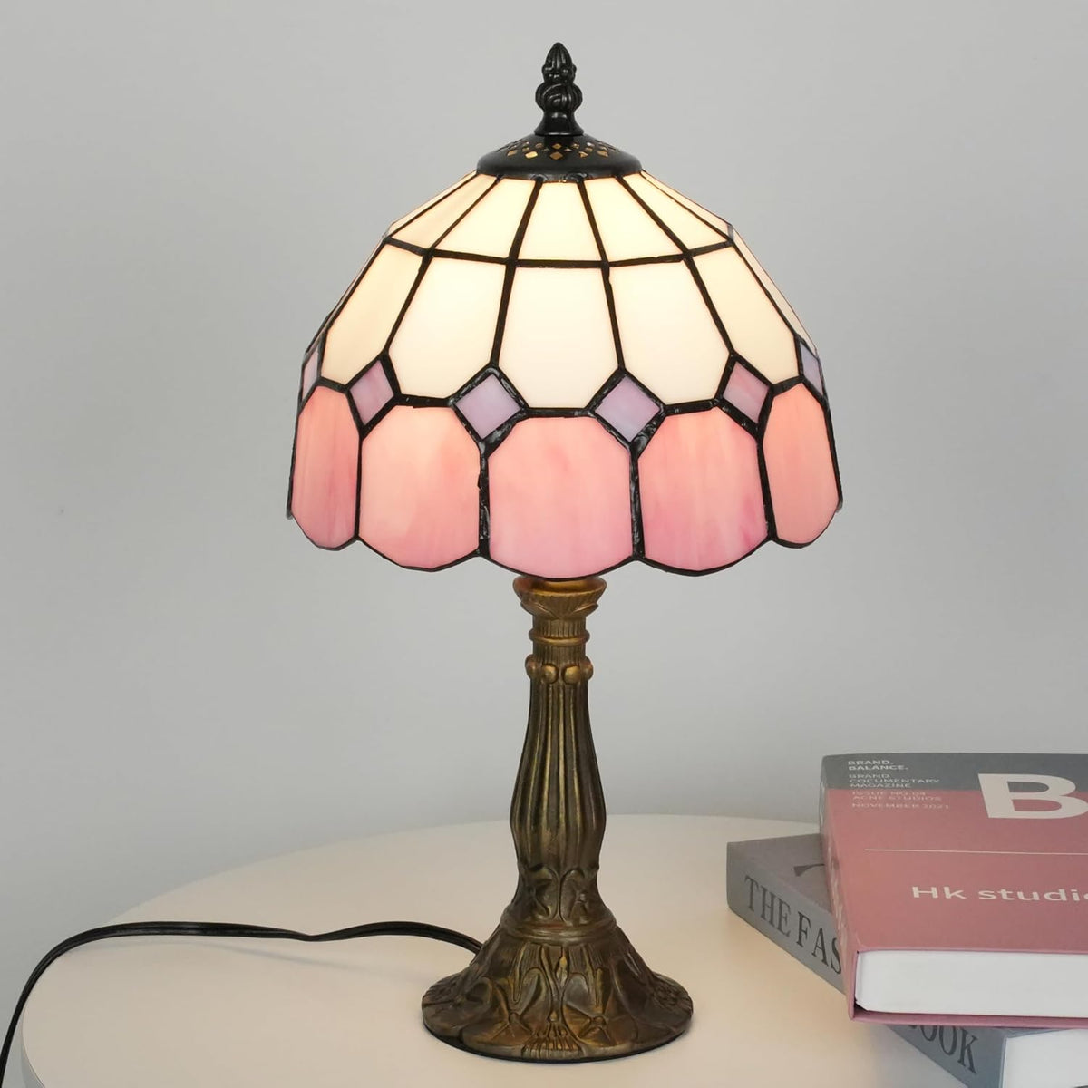 Tiffany Style Table Lamp, 8-inch Pink Stained Glass Desk Lamp