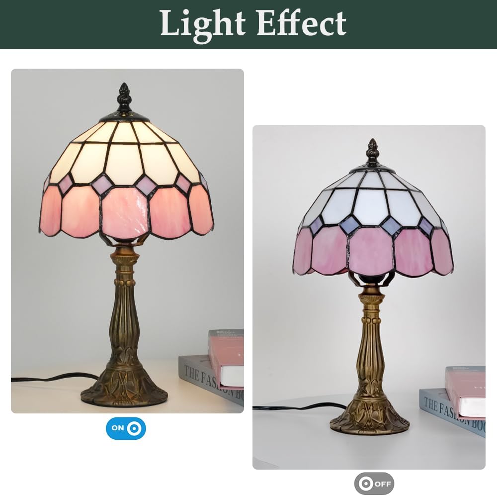 Tiffany Style Table Lamp, 8-inch Pink Stained Glass Desk Lamp