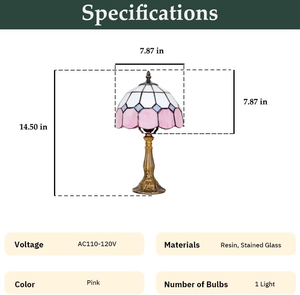 Tiffany Style Table Lamp, 8-inch Pink Stained Glass Desk Lamp