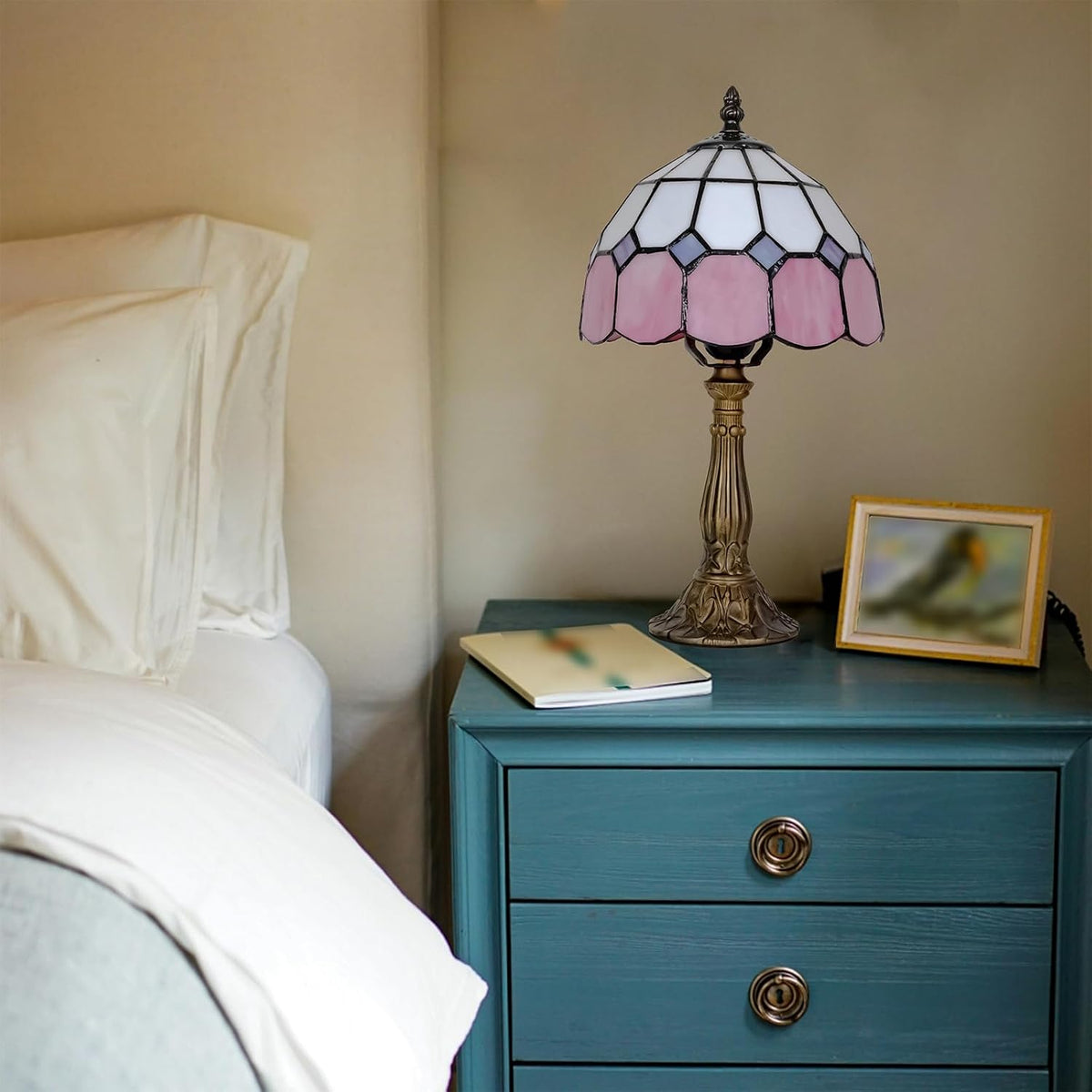 Tiffany Style Table Lamp, 8-inch Pink Stained Glass Desk Lamp