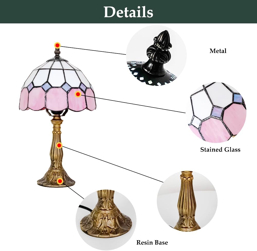 Tiffany Style Table Lamp, 8-inch Pink Stained Glass Desk Lamp