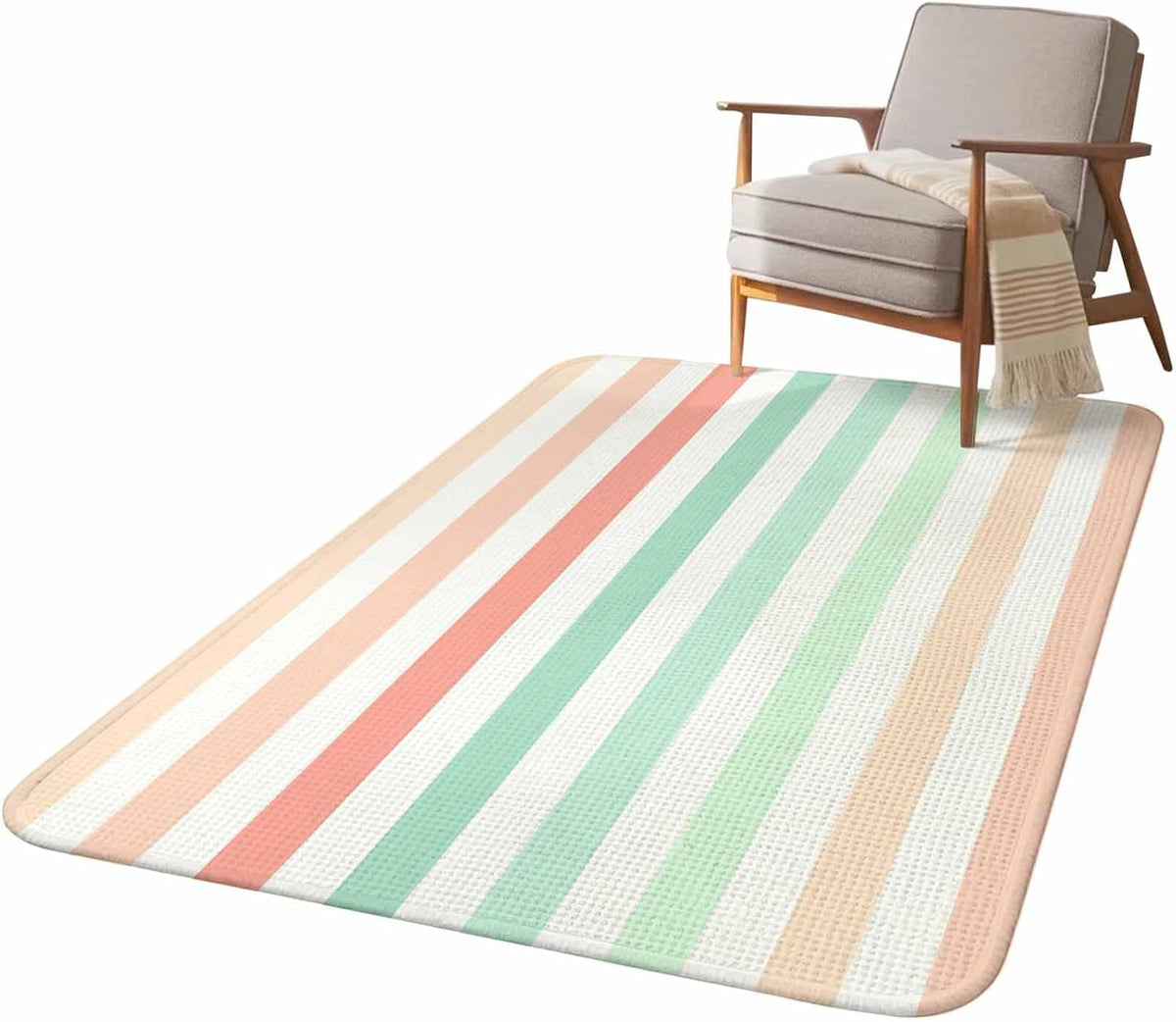 5.25'x6.56' Area Rug for Living Room, Peach Pink Green Ombre Non Slip Soft Rugs for Bedroom Dining Room, Washable Low Pile Rugs Kitchen Nursery Floor Mat Throw Carpet Farmhouse Stripe Modern