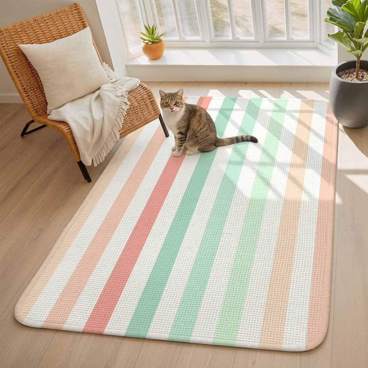 5.25'x6.56' Area Rug for Living Room, Peach Pink Green Ombre Non Slip Soft Rugs for Bedroom Dining Room, Washable Low Pile Rugs Kitchen Nursery Floor Mat Throw Carpet Farmhouse Stripe Modern