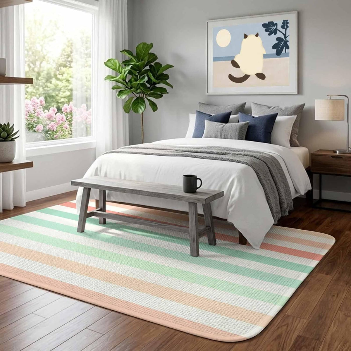 5.25'x6.56' Area Rug for Living Room, Peach Pink Green Ombre Non Slip Soft Rugs for Bedroom Dining Room, Washable Low Pile Rugs Kitchen Nursery Floor Mat Throw Carpet Farmhouse Stripe Modern