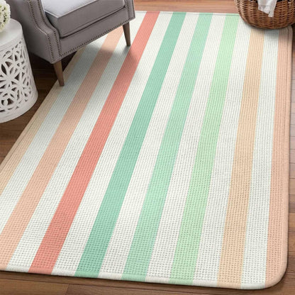 5.25'x6.56' Area Rug for Living Room, Peach Pink Green Ombre Non Slip Soft Rugs for Bedroom Dining Room, Washable Low Pile Rugs Kitchen Nursery Floor Mat Throw Carpet Farmhouse Stripe Modern