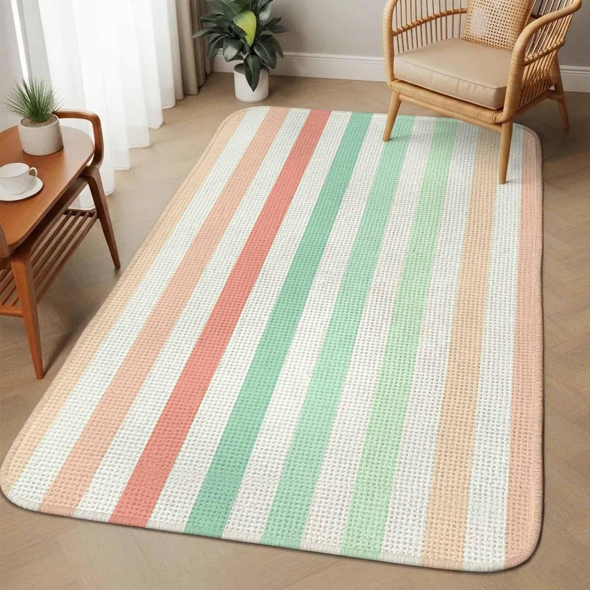 5.25'x6.56' Area Rug for Living Room, Peach Pink Green Ombre Non Slip Soft Rugs for Bedroom Dining Room, Washable Low Pile Rugs Kitchen Nursery Floor Mat Throw Carpet Farmhouse Stripe Modern