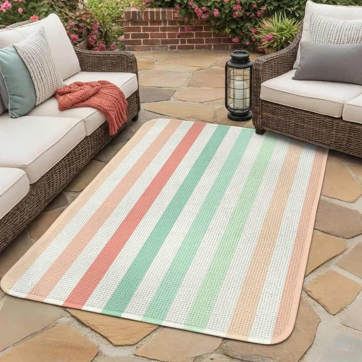 5.25'x6.56' Area Rug for Living Room, Peach Pink Green Ombre Non Slip Soft Rugs for Bedroom Dining Room, Washable Low Pile Rugs Kitchen Nursery Floor Mat Throw Carpet Farmhouse Stripe Modern
