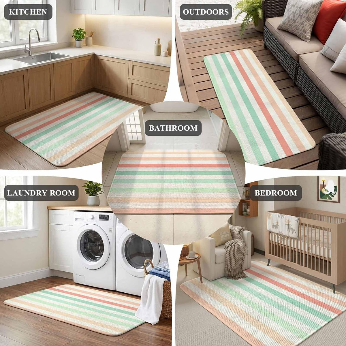 5.25'x6.56' Area Rug for Living Room, Peach Pink Green Ombre Non Slip Soft Rugs for Bedroom Dining Room, Washable Low Pile Rugs Kitchen Nursery Floor Mat Throw Carpet Farmhouse Stripe Modern