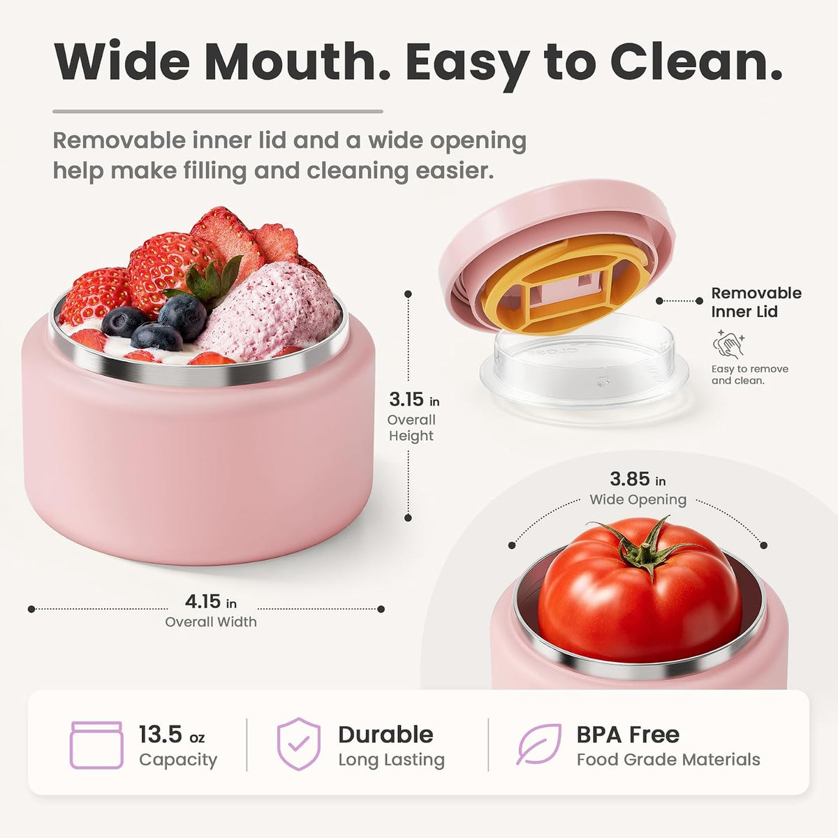 13.5oz Soup Thermo for Hot Food Kids with Buckle Lid Insulated Vacuum Food Jar Wide Mouth Leakproof Stainless Steel Lunch Container- Pink