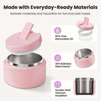 13.5oz Soup Thermo for Hot Food Kids with Buckle Lid Insulated Vacuum Food Jar Wide Mouth Leakproof Stainless Steel Lunch Container- Pink