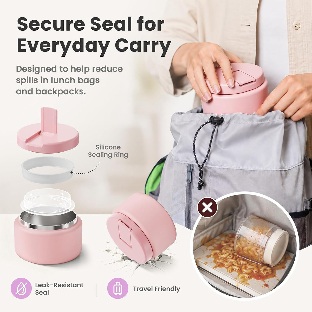 13.5oz Soup Thermo for Hot Food Kids with Buckle Lid Insulated Vacuum Food Jar Wide Mouth Leakproof Stainless Steel Lunch Container- Pink