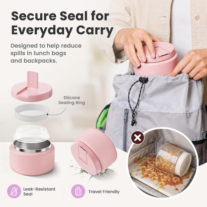 13.5oz Soup Thermo for Hot Food Kids with Buckle Lid Insulated Vacuum Food Jar Wide Mouth Leakproof Stainless Steel Lunch Container- Pink