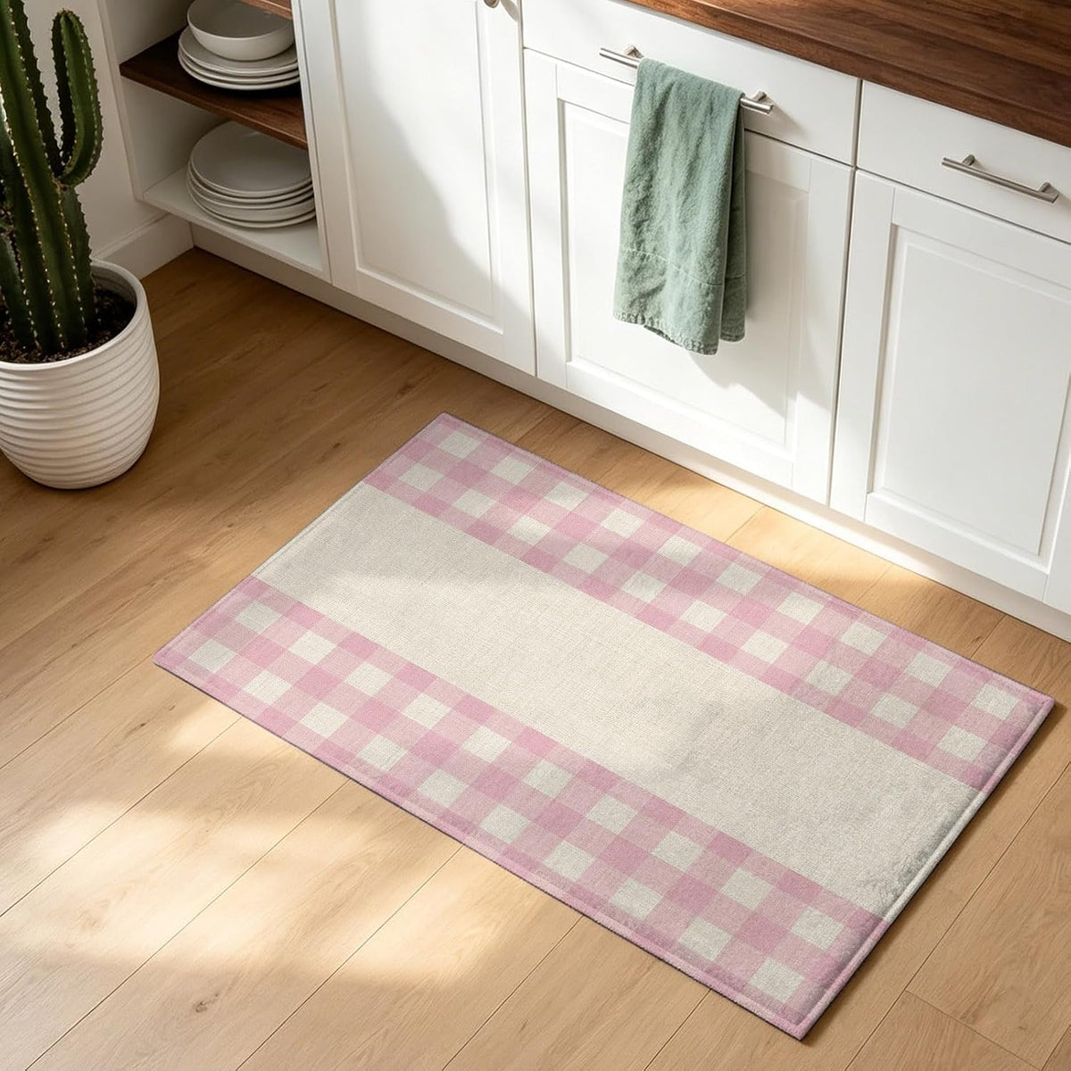 Non Slip Bath Mat for Bathroom Floor Tub, Retro Linen Pink Buffalo Plaid Bathroom Rug Water Absorbent Soft Shaggy Rugs Indoor Doormats Minimalist Checkered Mats,18x30in