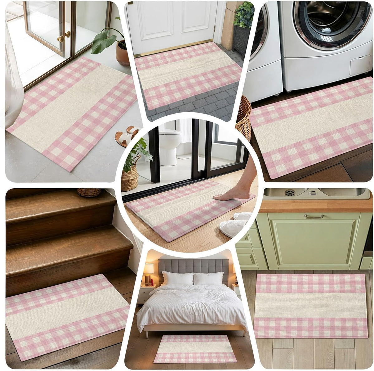 Non Slip Bath Mat for Bathroom Floor Tub, Retro Linen Pink Buffalo Plaid Bathroom Rug Water Absorbent Soft Shaggy Rugs Indoor Doormats Minimalist Checkered Mats,18x30in