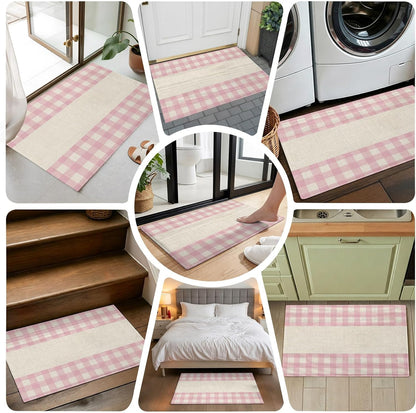 Non Slip Bath Mat for Bathroom Floor Tub, Retro Linen Pink Buffalo Plaid Bathroom Rug Water Absorbent Soft Shaggy Rugs Indoor Doormats Minimalist Checkered Mats,18x30in