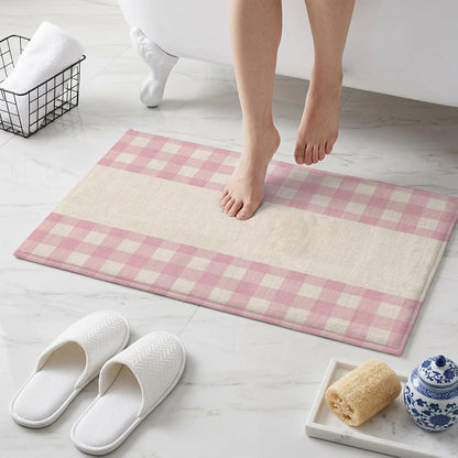 Non Slip Bath Mat for Bathroom Floor Tub, Retro Linen Pink Buffalo Plaid Bathroom Rug Water Absorbent Soft Shaggy Rugs Indoor Doormats Minimalist Checkered Mats,18x30in