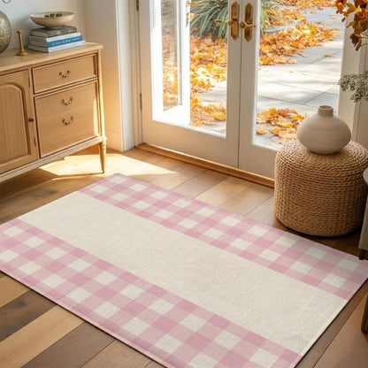 Non Slip Bath Mat for Bathroom Floor Tub, Retro Linen Pink Buffalo Plaid Bathroom Rug Water Absorbent Soft Shaggy Rugs Indoor Doormats Minimalist Checkered Mats,18x30in