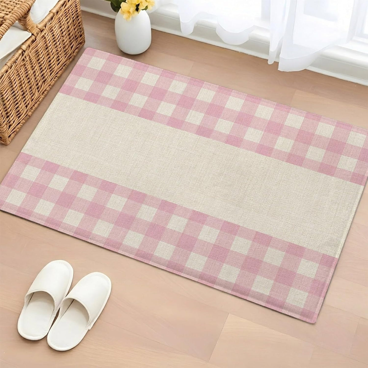 Non Slip Bath Mat for Bathroom Floor Tub, Retro Linen Pink Buffalo Plaid Bathroom Rug Water Absorbent Soft Shaggy Rugs Indoor Doormats Minimalist Checkered Mats,18x30in