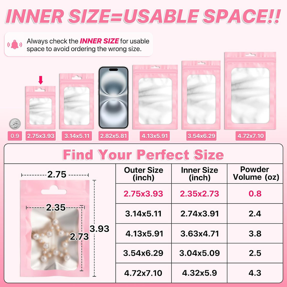 100Pcs Pink Mylar Bags, Resealable Smell Proof Small Zip Goodie Bag