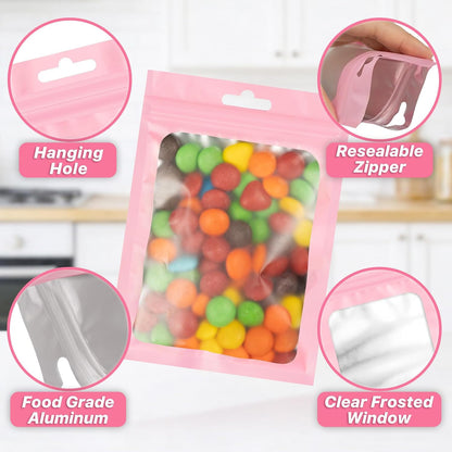 100Pcs Pink Mylar Bags, Resealable Smell Proof Small Zip Goodie Bag
