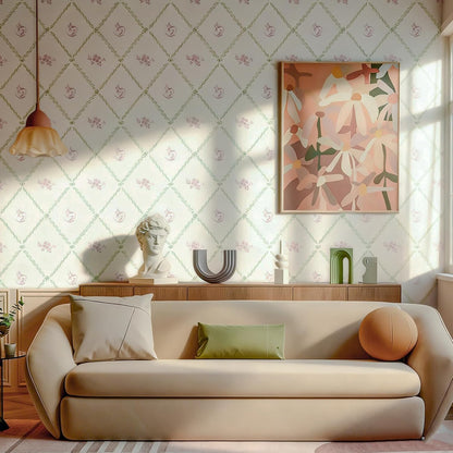 Modern Peel and Stick Wallpaper Stripe Floral Wallpaper 17.3" x 78.7" Pink White Flower Bow Contact Paper Self Adhesive Removable Wall Paper Vinyl for Bedroom Bathroom Cabinets Wall Decor