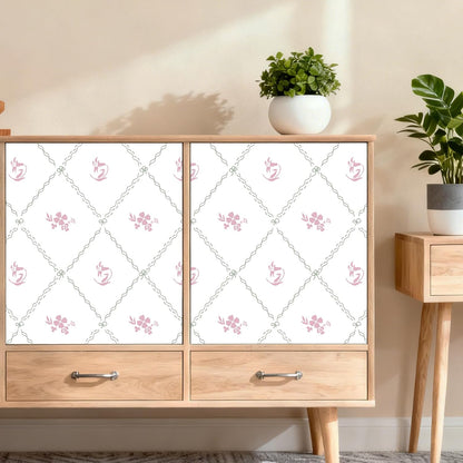 Modern Peel and Stick Wallpaper Stripe Floral Wallpaper 17.3" x 78.7" Pink White Flower Bow Contact Paper Self Adhesive Removable Wall Paper Vinyl for Bedroom Bathroom Cabinets Wall Decor