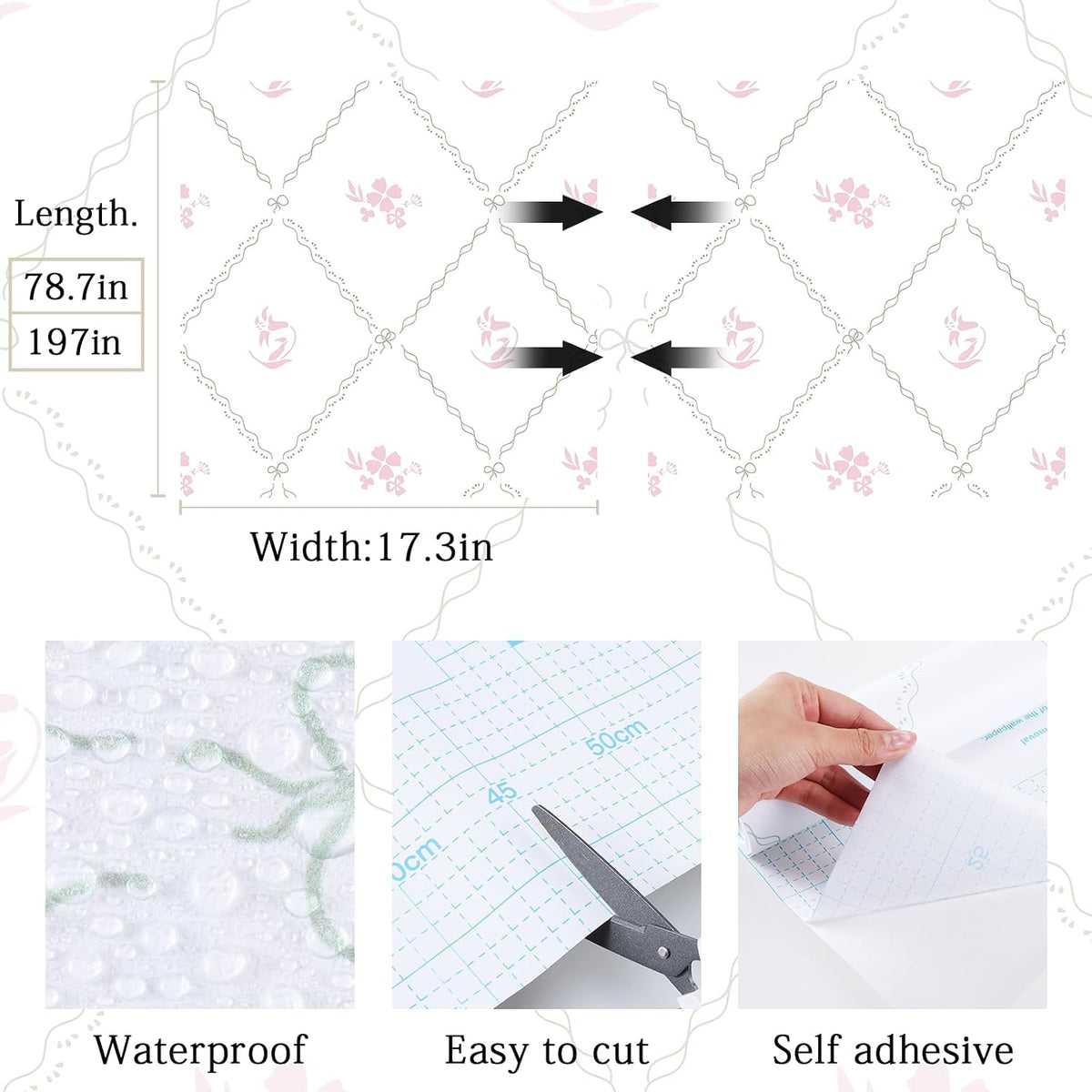 Modern Peel and Stick Wallpaper Stripe Floral Wallpaper 17.3" x 78.7" Pink White Flower Bow Contact Paper Self Adhesive Removable Wall Paper Vinyl for Bedroom Bathroom Cabinets Wall Decor