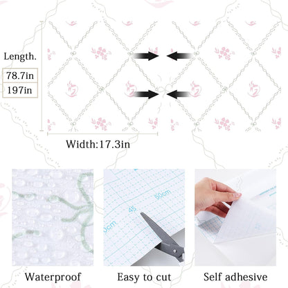Modern Peel and Stick Wallpaper Stripe Floral Wallpaper 17.3" x 78.7" Pink White Flower Bow Contact Paper Self Adhesive Removable Wall Paper Vinyl for Bedroom Bathroom Cabinets Wall Decor