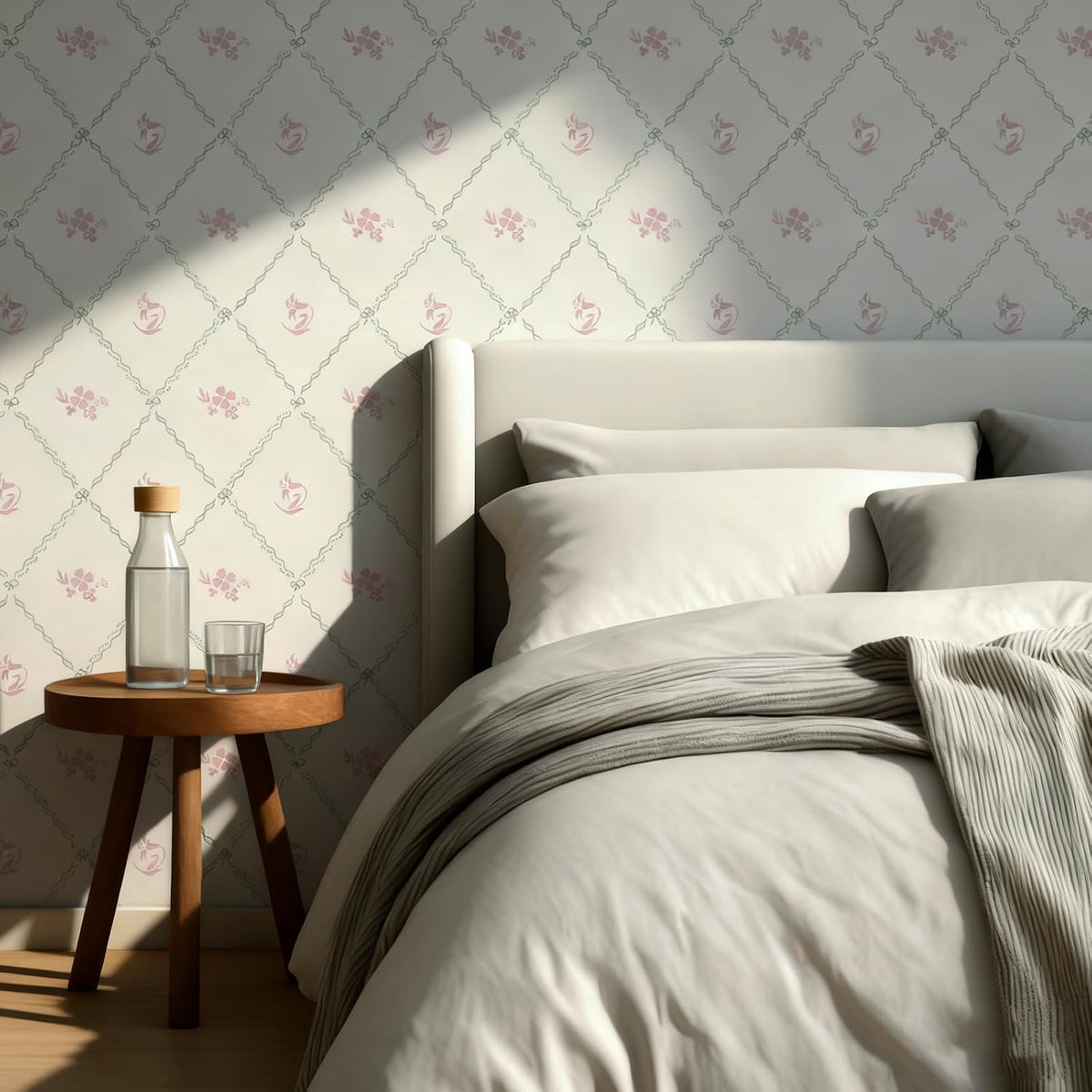 Modern Peel and Stick Wallpaper Stripe Floral Wallpaper 17.3" x 78.7" Pink White Flower Bow Contact Paper Self Adhesive Removable Wall Paper Vinyl for Bedroom Bathroom Cabinets Wall Decor
