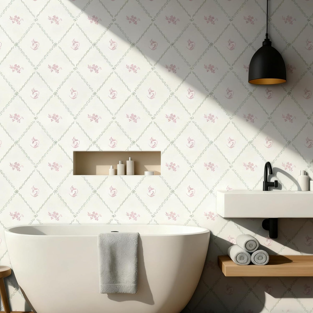 Modern Peel and Stick Wallpaper Stripe Floral Wallpaper 17.3" x 78.7" Pink White Flower Bow Contact Paper Self Adhesive Removable Wall Paper Vinyl for Bedroom Bathroom Cabinets Wall Decor