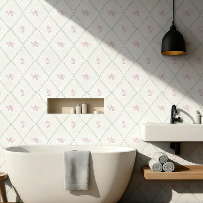 Modern Peel and Stick Wallpaper Stripe Floral Wallpaper 17.3" x 78.7" Pink White Flower Bow Contact Paper Self Adhesive Removable Wall Paper Vinyl for Bedroom Bathroom Cabinets Wall Decor